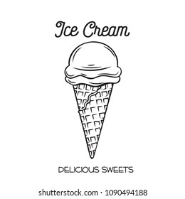 Vector hand drawn ice cream cone icon badge for design menu cafe, label and packaging. Retro style.