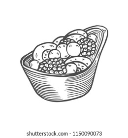 Vector hand drawn ice cream with berries and fruits dessert icon badge for design menu cafe, label and packaging. Retro style. Isolated on white