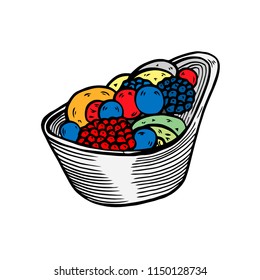 Vector hand drawn ice cream with berries and fruits dessert icon badge for design menu cafe, label and packaging. Retro style.