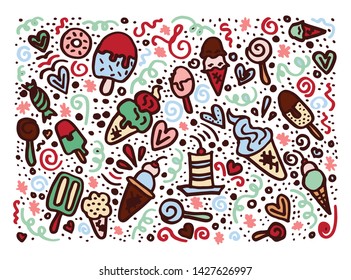 Vector hand drawn ice cream pattern. Doodle ice cream illustration
