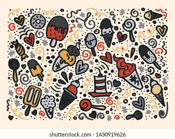 Vector hand drawn ice cream pattern. Doodle ice cream illustration