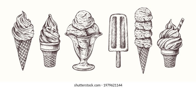 Vector hand drawn ice cream illustration in vintage engraved style.  Different types of ice cream. Dessert, sweets, menu design, restaurant, shop. Isolated on white background.