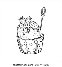 Vector hand drawn ice cream balls in the cup icon badge for design menu cafe, label and packaging. Retro style.