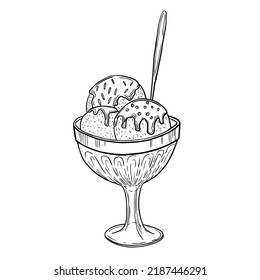 Vector hand drawn ice cream balls in the cup icon badge for design menu cafe, label and packaging. Retro style.
