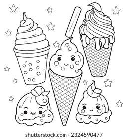 Vector hand drawn ice cream outline illustration. Coloring page for kids and adults. Print design, t-shirt design, tattoo design, mural art, line art.