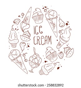 Vector hand drawn ice cream pattern. Brown stroke illustration. Dessert ornament with ice cream, pear, cherry, strawberry, chocolate and cupcake. Good for menu cover, print design, 
postcard template.