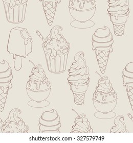 Vector hand drawn ice cream pattern. Brown stroke illustration. Dessert ornament with ice cream, pear, cherry, strawberry, chocolate. Good for menu cover, print design, 
