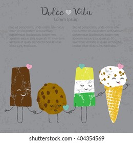 Vector hand drawn ice cream set cute kawaii frendship story for postcard, poster, label and others
