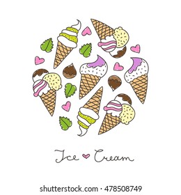 vector hand drawn ice cream cones, circle composition for print