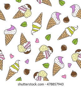 vector hand drawn ice cream cones, seamless pattern
