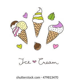 vector hand drawn ice cream, circle composition for print