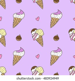 vector hand drawn ice cream cones, seamless pattern