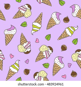 vector hand drawn ice cream cones, seamless pattern