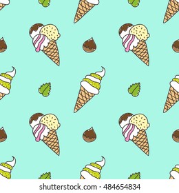 vector hand drawn ice cream cones, seamless pattern