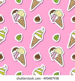 vector hand drawn ice cream cones, seamless pattern with stickers