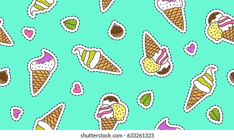 vector hand drawn ice cream cones, stickers on violet background, seamless pattern