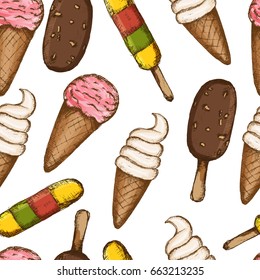 Vector hand drawn ice cream seamless pattern.Colorful  ice cream background. Summer cold dessert. Vector illustration