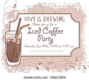 vector hand drawn iced coffee party invitation card, vintage frame, glass and leaves.