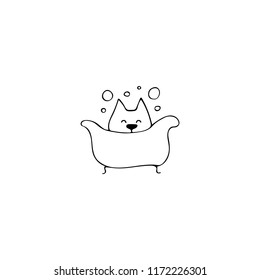Vector hand drawn icon, dog in bathtub. Logo element for pets related business. Illustration for pet groomer, hotel or a veterinary clinic. Domestic animals. Isolated symbol.