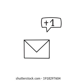 Vector hand drawn icon email envelope with speech cloud +1. Network,mailing,conversation, social media, new message icon. Printable, digital use.