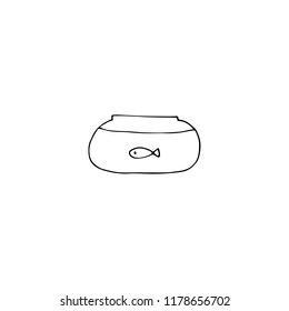 Vector hand drawn icon, fish tank. Logo element for pets related business. Illustration for pet or zoo shop, veterinary clinic. Domestic animals. Black on white isolated symbol.