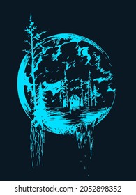 Vector hand drawn icon. Forest, house and tree dark illustration for design.