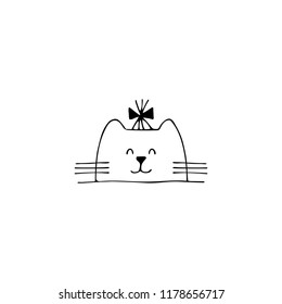 Vector hand drawn icon, head of a happy cat. Logo element for pets related business. Illustration for pet groomer, shop or cat cafe, hotel or a veterinary clinic. Domestic animals. Isolated symbol.