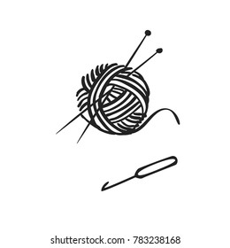 Vector hand drawn icon of knitting with ball of yarn, needles knitting and crochet isolated on white background