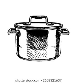 Vector hand drawn icon. Metal pot with lid. Isolated on white background. Cooking pot icon. 