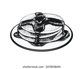 Vector hand drawn icon. Morning breakfast. Maple siryp. Pancakes. Isolated on white background.