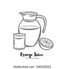 Vector hand drawn icon orange juice jug and glass with fruit orange. Vector illustration retro style healthy food and drink.