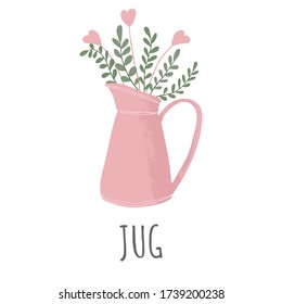 Vector hand drawn icon of a pink gardening jug with flower and branches in flat cartoons style.  Garden tools. Isolated on a white background. For design, cards, invitation, decoration, stickers