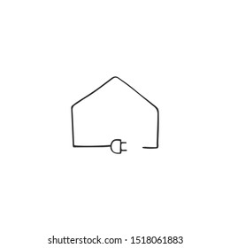 Vector hand drawn icon. A plug with wire that forms a house silhouette. Housekeeping and home repairs theme. Smart technology. For business identity and branding, for household stores, electricians.