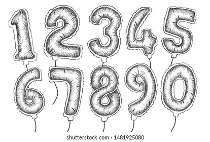 Vector hand drawn icon set of number balloons for holiday and party.