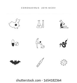 Vector hand drawn icon set. Wuhan coronavirus 2019-nCoV. Dangerous chinese disease. Pandemic risk alert.