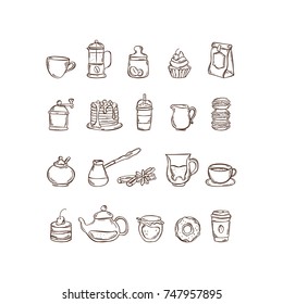 Vector hand drawn icon set coffee and tea