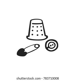 Vector hand drawn icon of thimble, safety pin and button isolated on white background