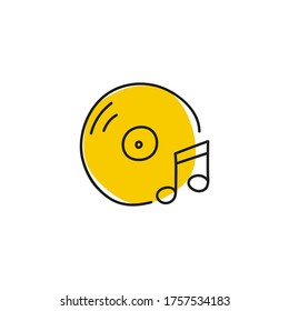 Vector hand drawn icon with vinyl record with musical note. Doodle style on white background.
