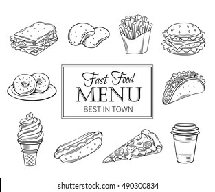 Vector mão desenhado ícones fast food. Ilustração com lanches, hambúrguer, batatas fritas, cachorro-quente, tacos, café, sanduíche, sorvete em estilo de tinta antiga.