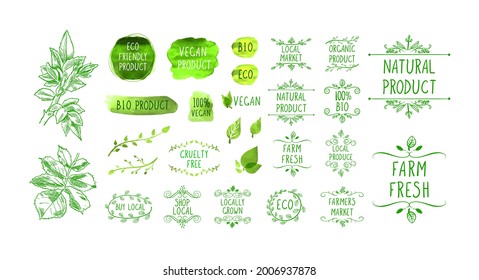 Vector hand drawn icons, natural product icons set isolated on white background, organic foods, healthy eating, hand drawn illustration, green leaves.
