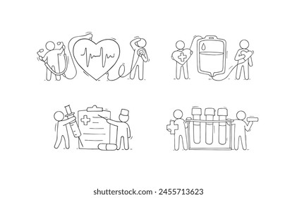 Vector hand drawn icons set - Medical report, health record or prescription for medicines. Cartoon illustration with paper document on clipboard, donor, patient, heart symbol.