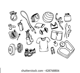 Vector Hand drawn icons set of fitness and sport concept for healthy lifestyle, diet.
