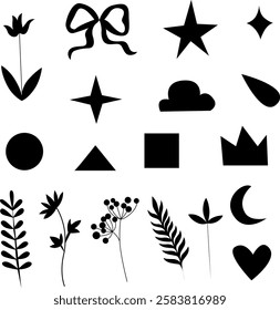 Vector hand drawn icons silhouettes collection includes stars, geometric simple shapes, bow, moon, heart, floral elements and other symbols