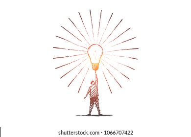 Vector hand drawn Idea concept sketch. Man standing and touching big shining bright light bulb on raised hand meaning getting great idea.