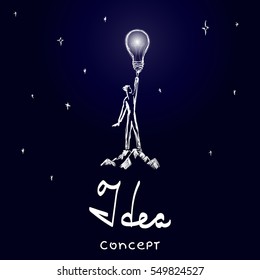 Vector hand drawn Idea concept sketch. Man standing and touching big shining bright light bulb on raised hand meaning getting great idea. 