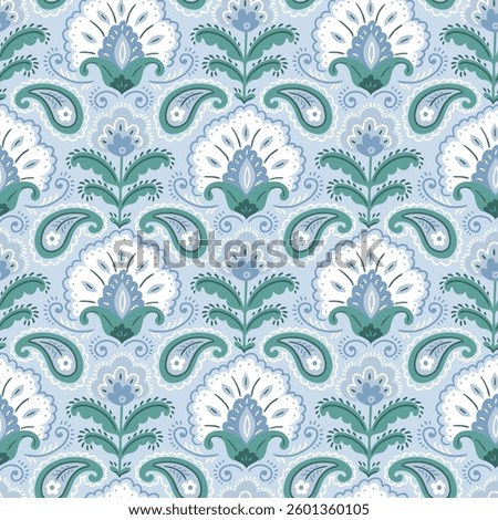 vector hand drawn idian paisley seamless pattern in blue colors. Floral retro asian print design for fabric or wallpaper.