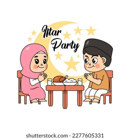 Vector hand drawn iftar illustration with people praying with food
