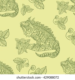Vector hand drawn iguana. Ethnic tribal styled pattern. Seamless pattern with tropical animals