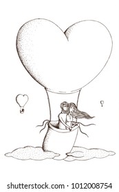 Vector Hand Drawn Illustartion for 
Valentine's Day: Two lovers fly in a hot air balloon. Coloring page