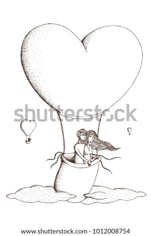 Vector Hand Drawn Illustartion for 
Valentine's Day: Two lovers fly in a hot air balloon. Coloring page